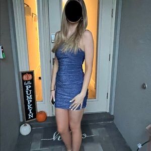 Spaghetti strap sparkle blue Rusched mini dress
